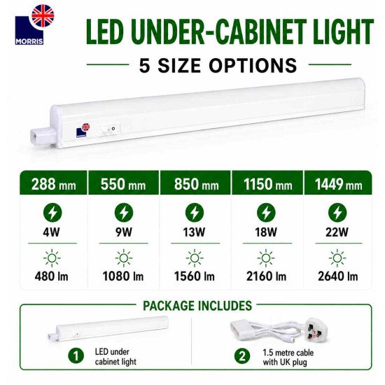 Morris 3-Step Dimmable & Connectable Under Kitchen Cabinet Lighting LED - 18W 2160LM 6500K - 1150mm