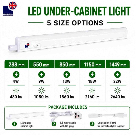 Morris 3000 or 6500K LED Under Cabinet Lights – 22W, 2640 Lumen, Connectable1449mm