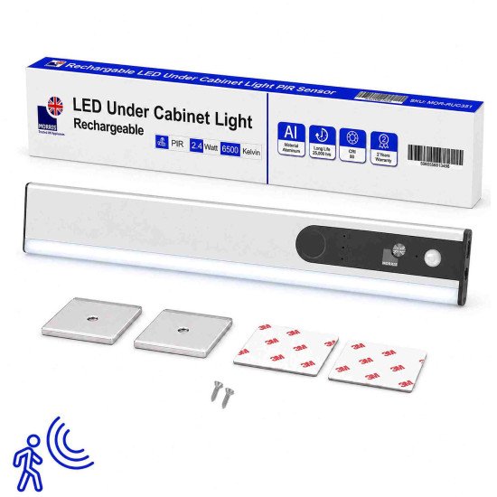 Morris Rechargeable LED Under Cupboard Lighting with PIR Sensor – 6500K 120 Lumen, USB-C, Magnetic Mount, 2.4W