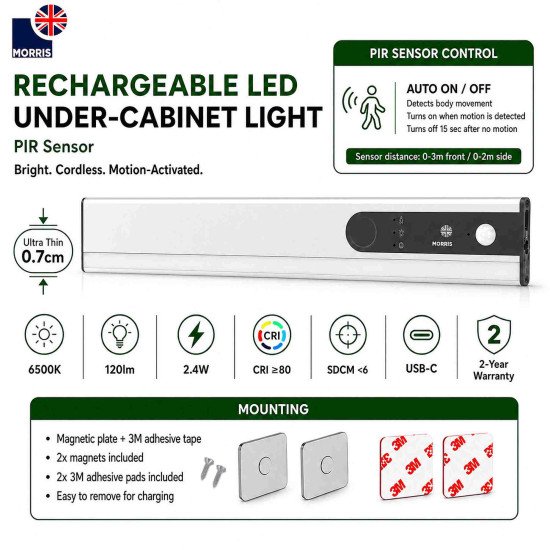 Morris Rechargeable LED Under Cupboard Lighting with PIR Sensor – 6500K 120 Lumen, USB-C, Magnetic Mount, 2.4W