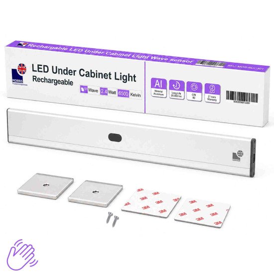 Morris 6500K Rechargeable T5 Under Cabinet Lighting with Wave Sensor – 120 Lumen, USB-C, Magnetic Mount, 2.4W
