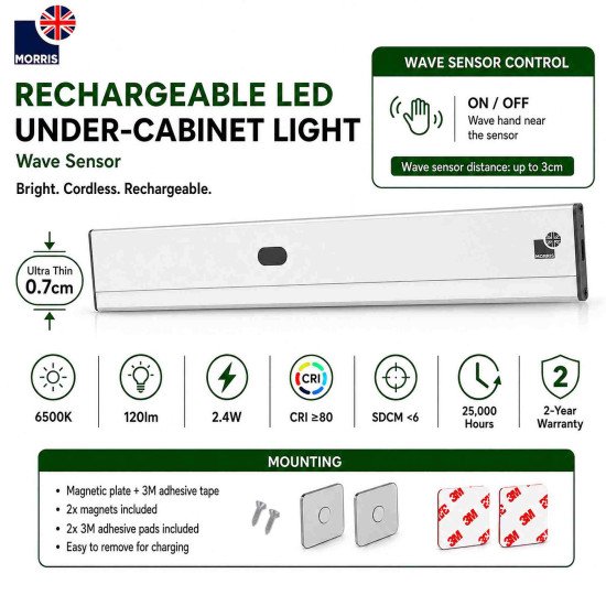 Morris 6500K Rechargeable T5 Under Cabinet Lighting with Wave Sensor – 120 Lumen, USB-C, Magnetic Mount, 2.4W