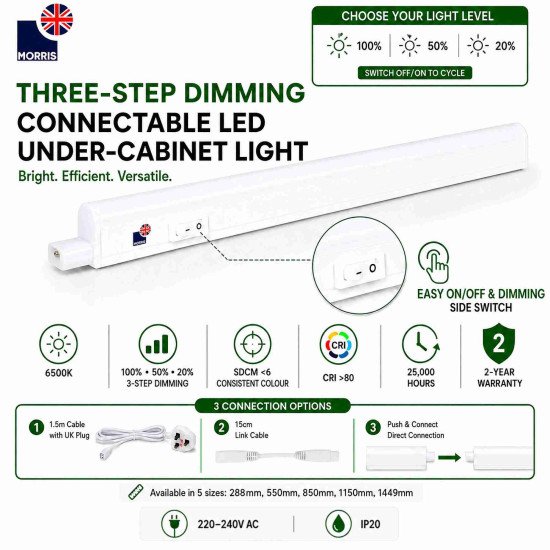 Morris 3-Step Dimmable & Connectable 9W 1080LM 6500K  LED Under Cabinet Lights - 550mm